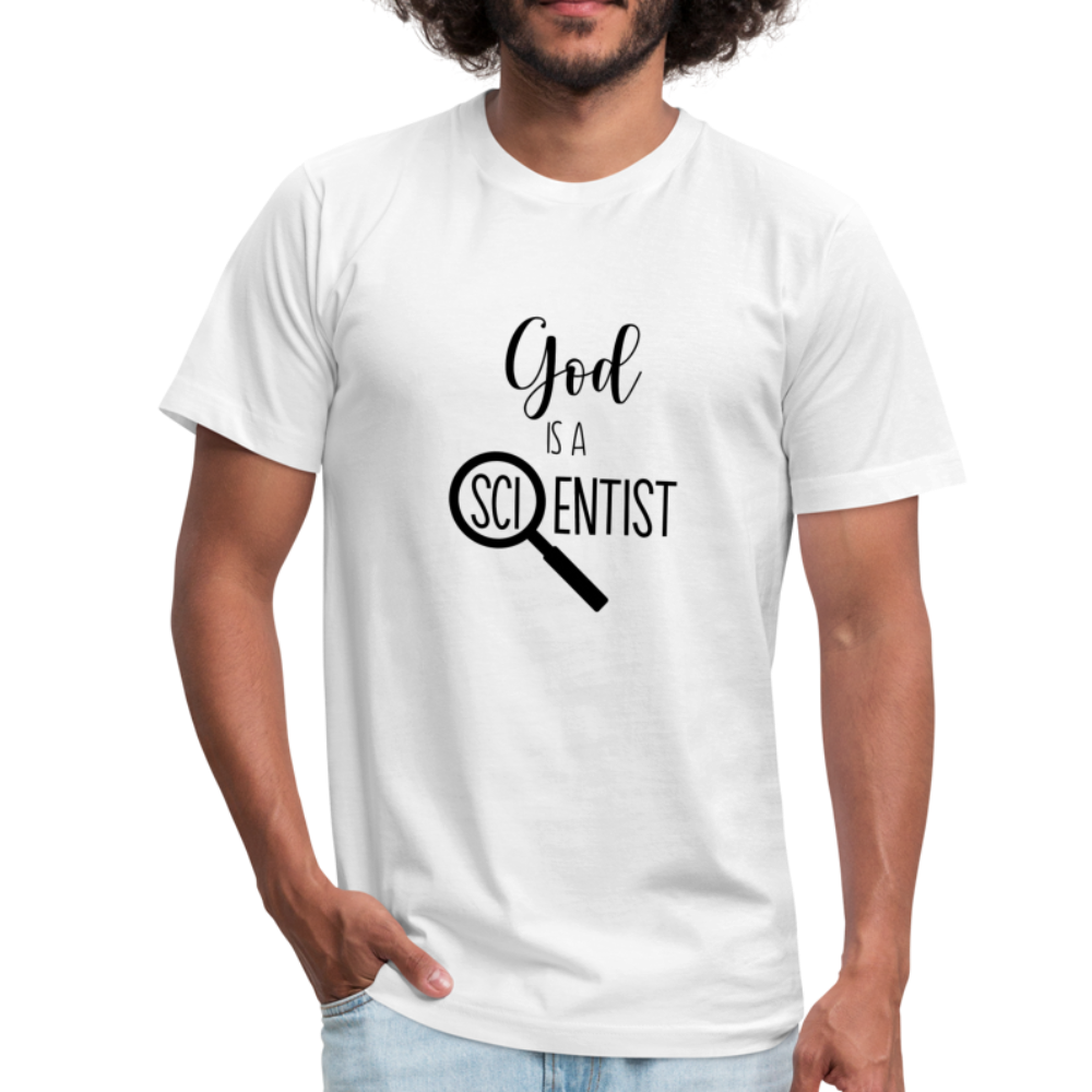 God is a Scientist Unisex Jersey T-Shirt by Bella + Canvas - white