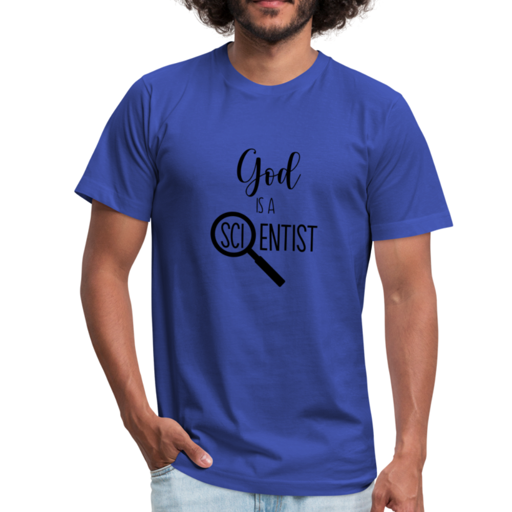 God is a Scientist Unisex Jersey T-Shirt by Bella + Canvas - royal blue
