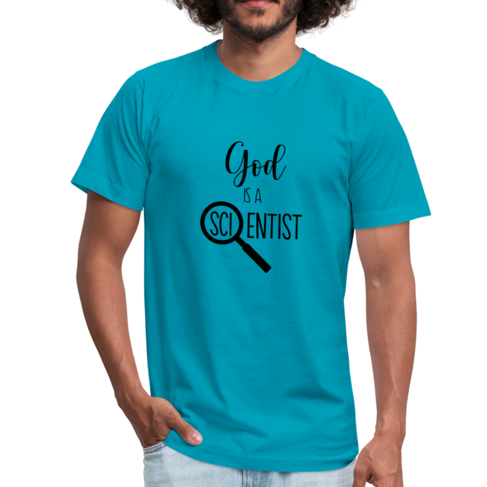 God is a Scientist Unisex Jersey T-Shirt by Bella + Canvas - turquoise