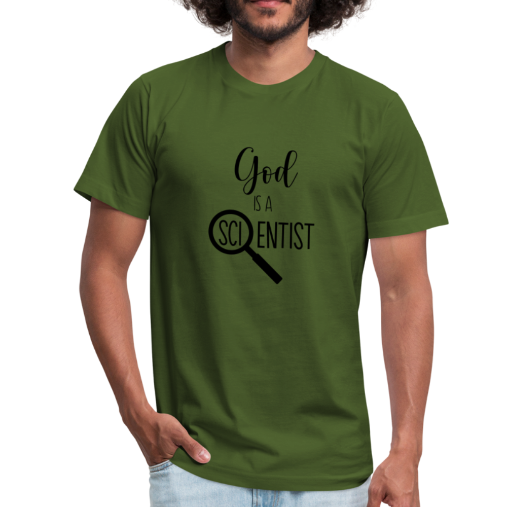 God is a Scientist Unisex Jersey T-Shirt by Bella + Canvas - olive