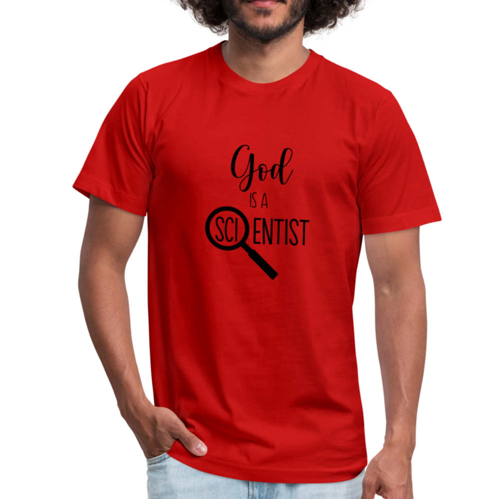 God is a Scientist Unisex Jersey T-Shirt by Bella + Canvas - red